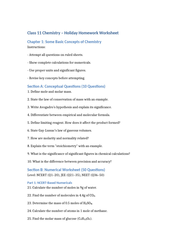 Class 11 Chemistry Holiday Homework | PDF | Mole (Unit) | Molecules