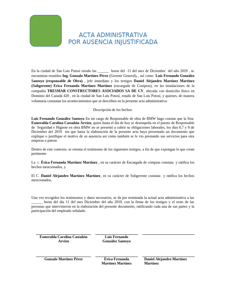Formato Acta Administrativa Por Faltas | PDF