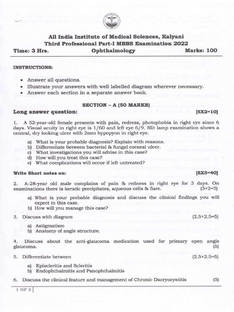 3rd MBBS PROF Opthalmology Part 1 2022 | PDF