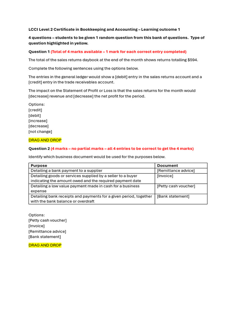 LCCI Level 2 Accounting Questions Guide | PDF | Debits And Credits ...
