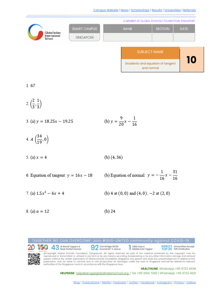 IGCSE 10 Gradients and equation of tangent and normal (answers) | PDF