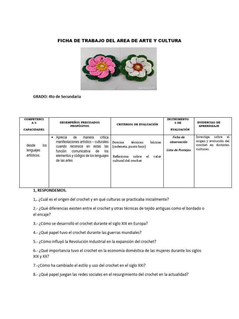Ficha de Trabajo Del Area de Arte y Cultura | PDF | Tejer | Aprendizaje