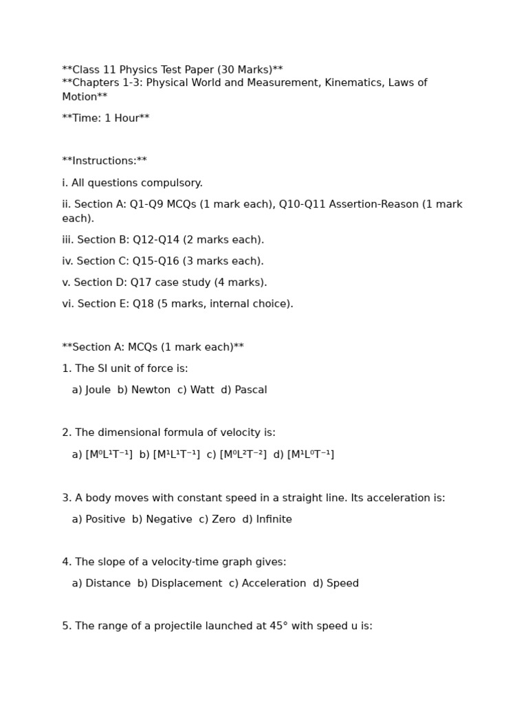 Physics Pre Mid Term Class 11th | PDF | Acceleration | Force