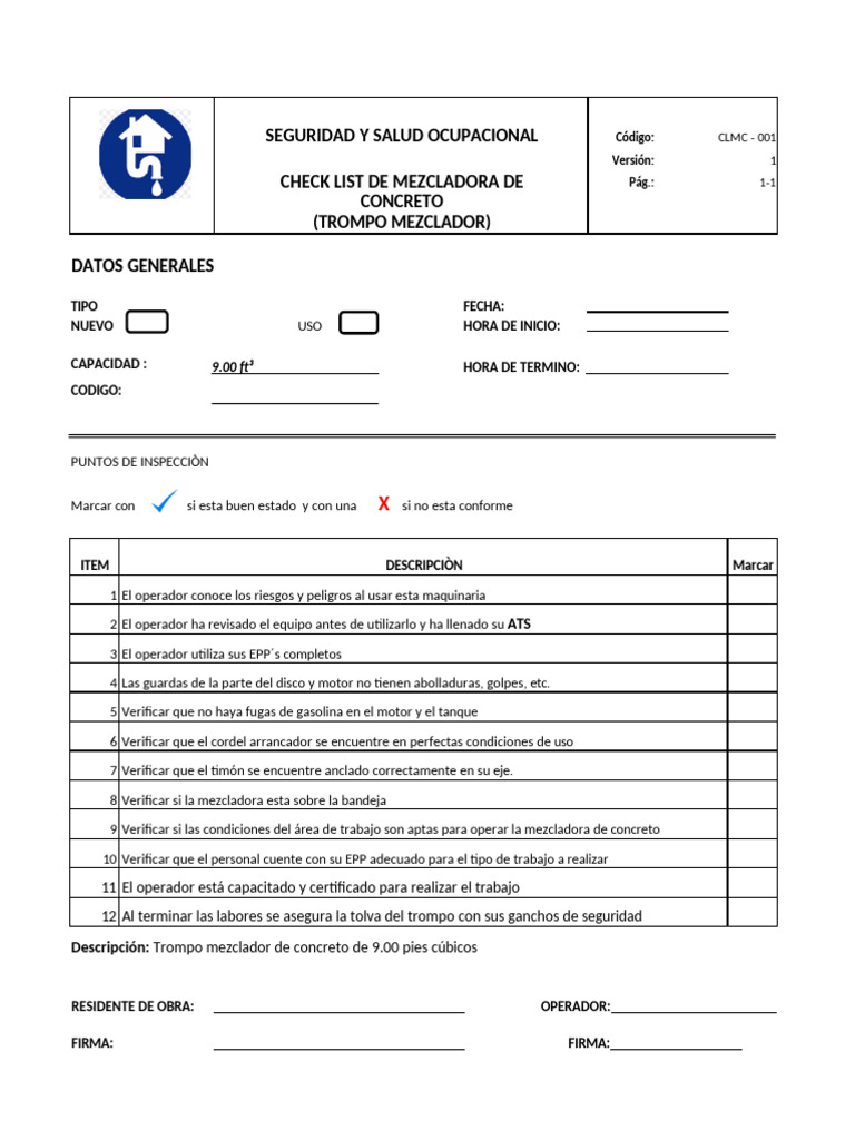 Check List 001 Mezcladora D Concreto | PDF