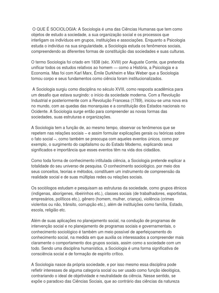 Definição e Importância da Sociologia | PDF | Sociologia | Academia