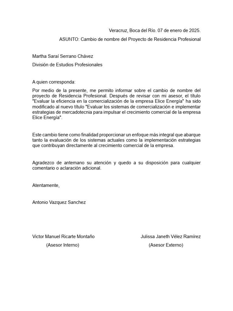 Oficio Cambio de Nombre Del Proyecto de Residencia Profesional | PDF