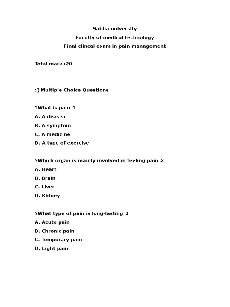 Pain Management Exam Questions | PDF | Pain | Anesthesia