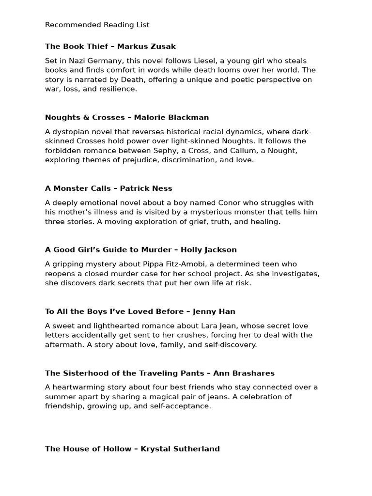 Essential Young Adult Novels List | PDF