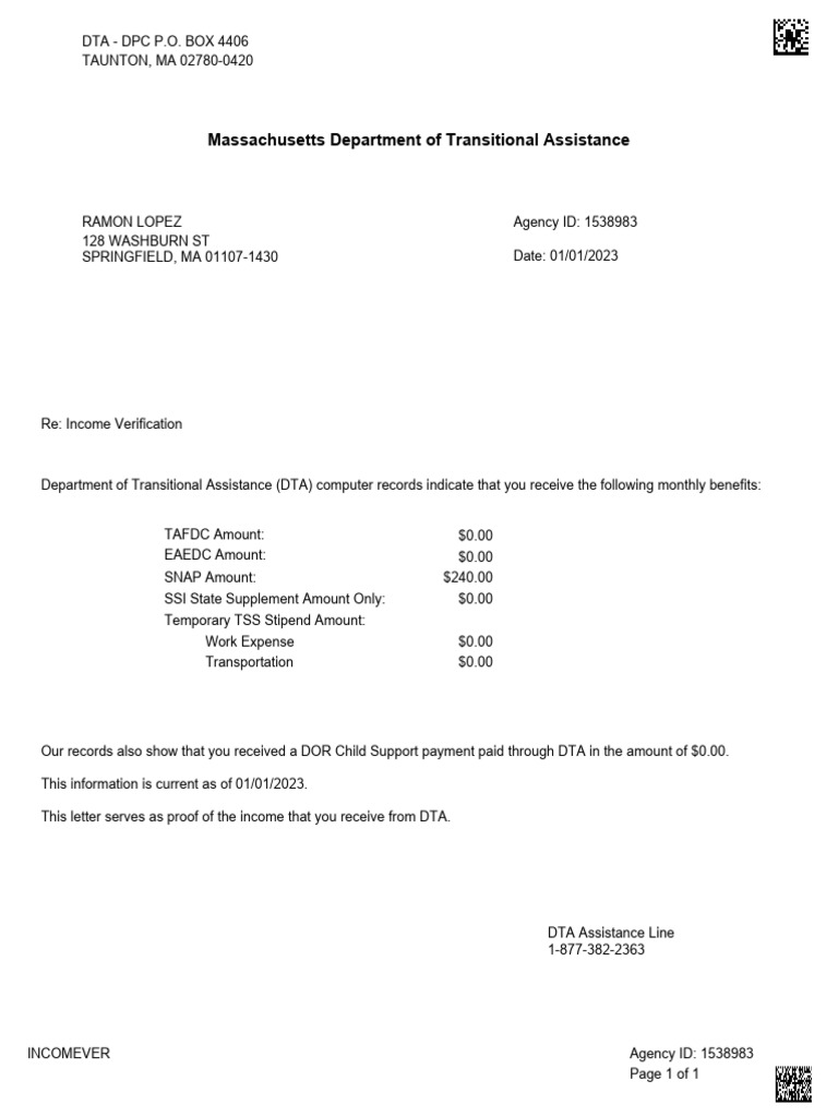 Massachusetts DTA Income Verification Letter | PDF