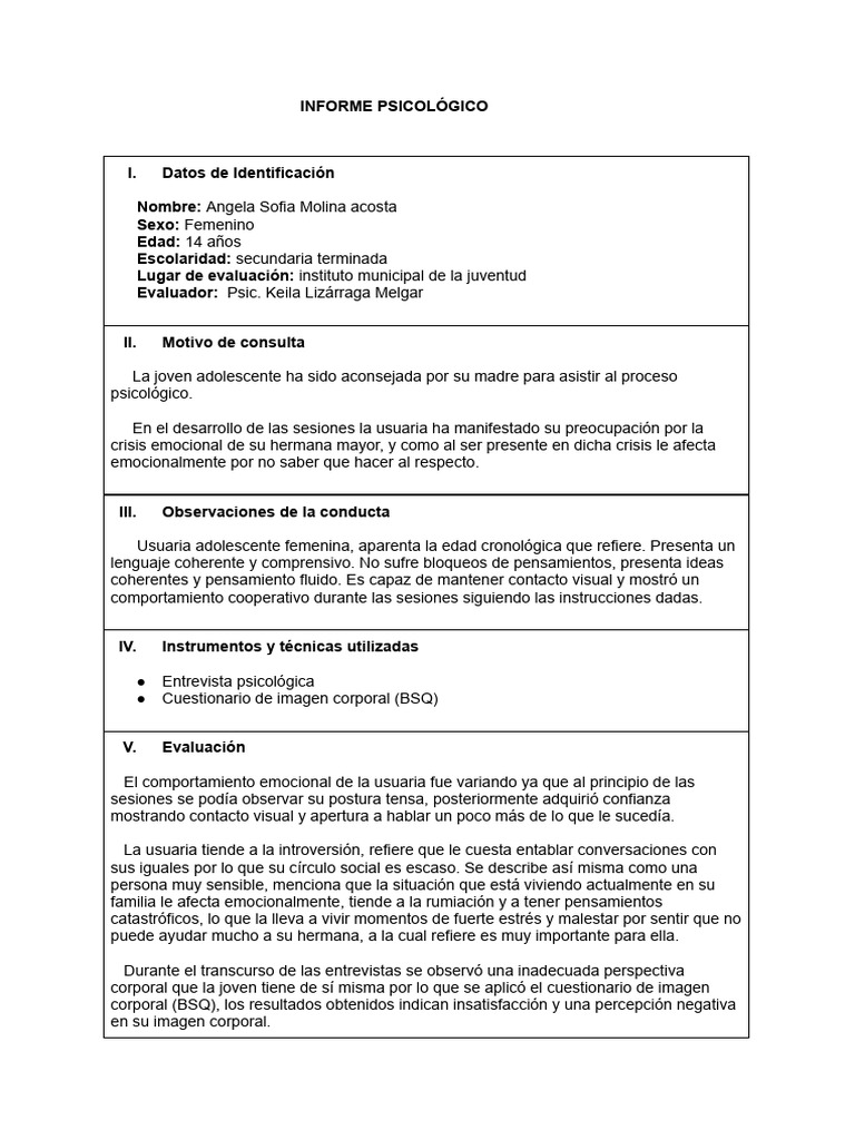 Informe Psicológico | PDF | Sicología | Las emociones