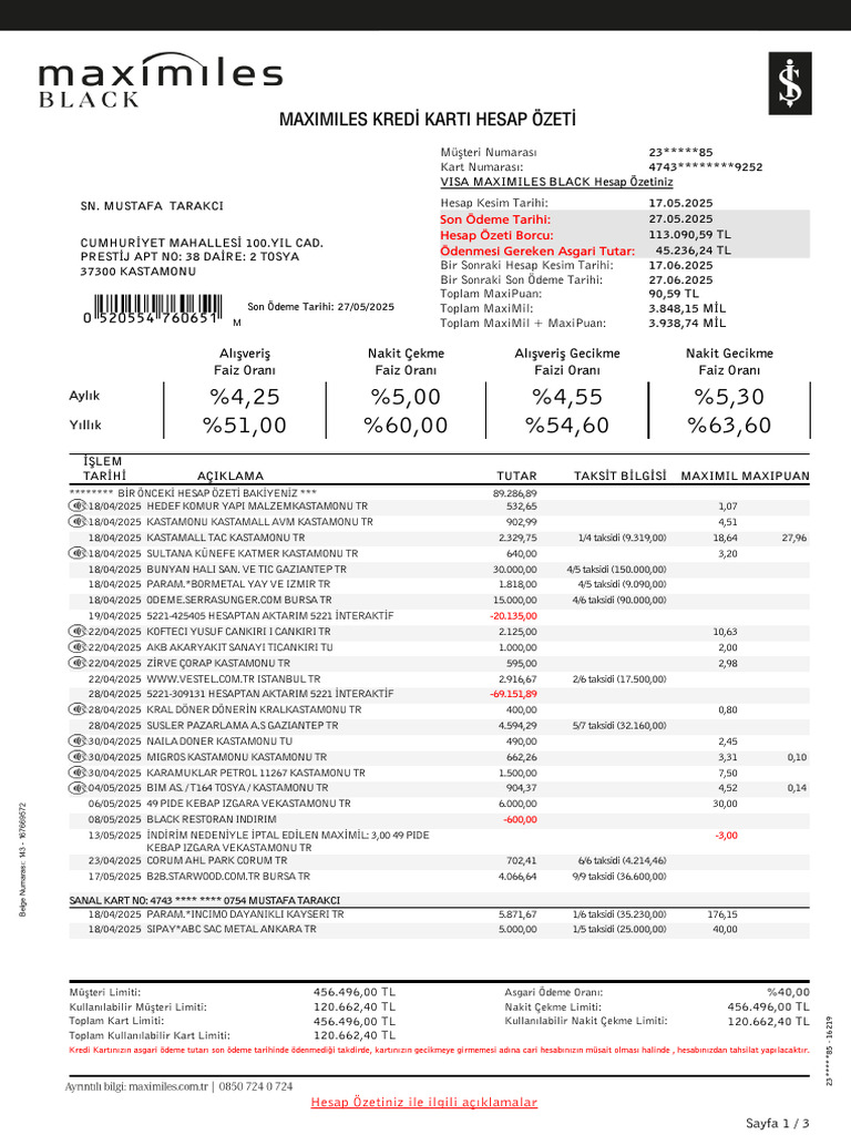 Maximiles Kredi Karti Hesap Özeti | PDF