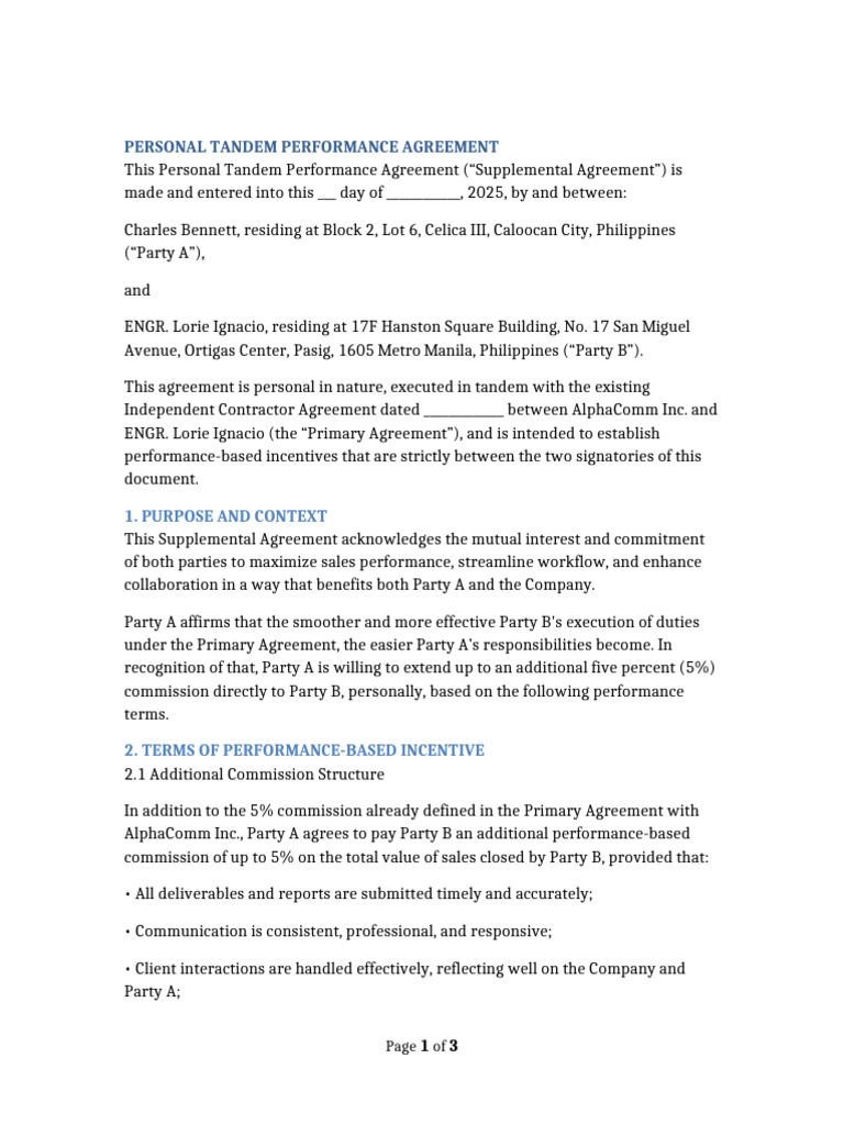 Personal Tandem Performance Agreement | PDF | Private Law | Justice