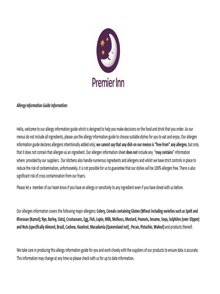 Premier Inn Breakfast Allergy Guide | PDF | Food Allergy | Allergen