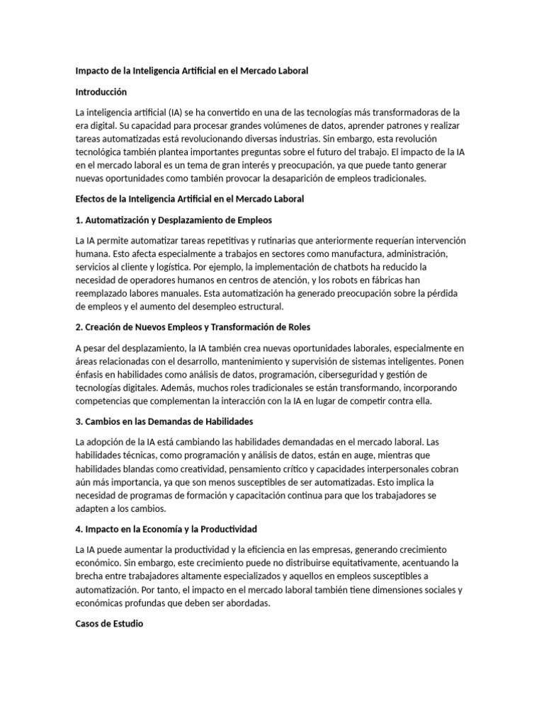 Impacto de la Inteligencia Artificial en el Mercado Laboral | PDF ...