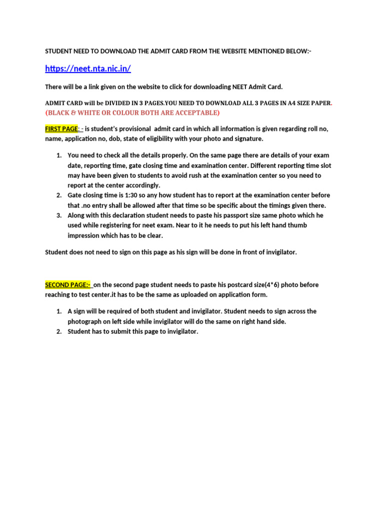 NEET 2025 Admit Card Instructions | PDF | Identity Document ...