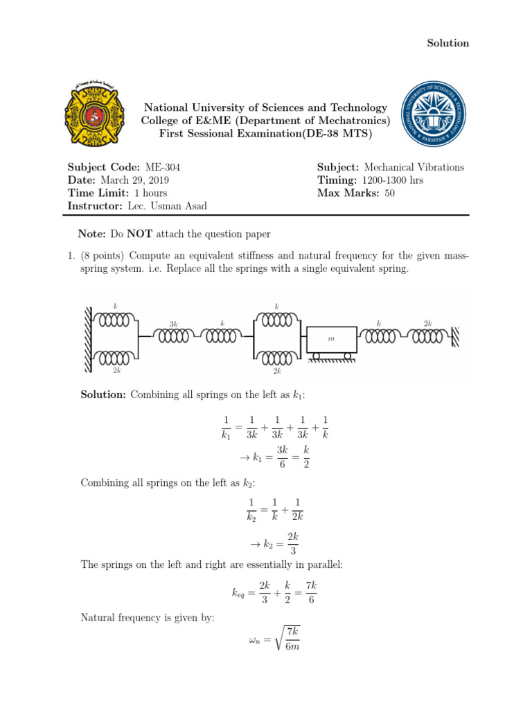 Mechanical Vibrations Exam Solutions | PDF | Classical Mechanics ...