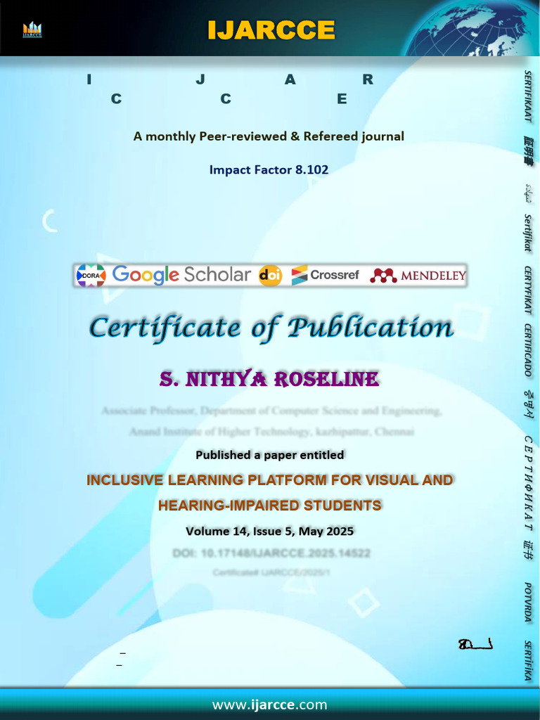 Certificate Nithya Roseline | PDF