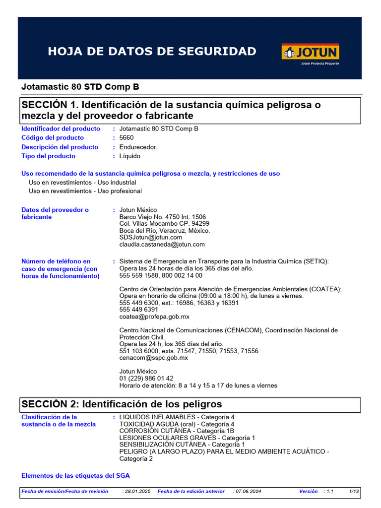 Jotamastic 80 STD Comp B: Hoja de Seguridad | PDF | Química