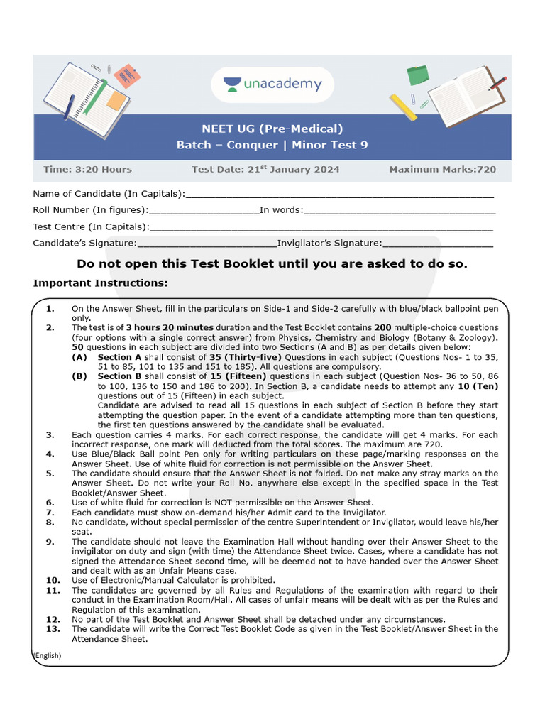 NEET CONQUER - Minor Test 9 - Faculty Copy - July | PDF | Magnetism | Anode