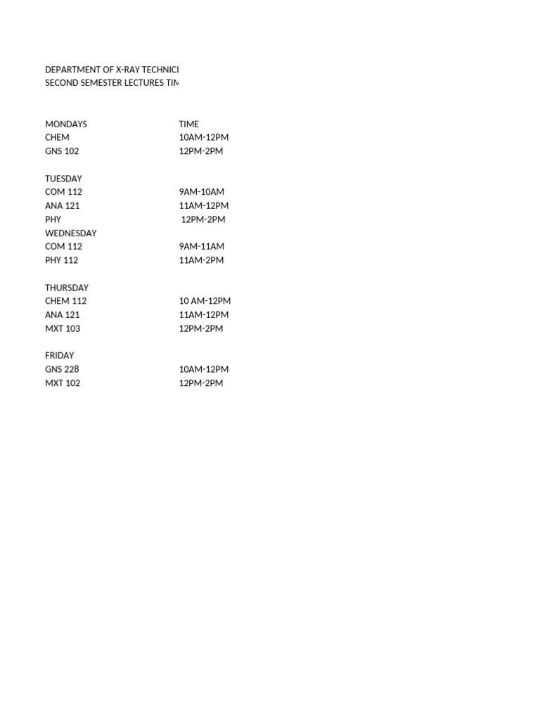 Updated 100 Level Lectures Time Table | PDF