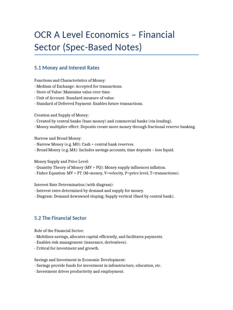 A Level Economics: Financial Sector Insights | PDF | Money | Interest