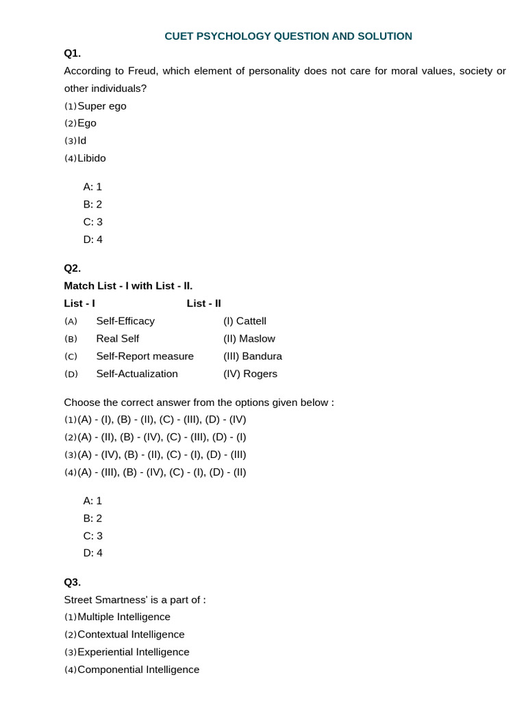 Psychology Questions With Answers Set 1 | PDF | Mental Disorder ...