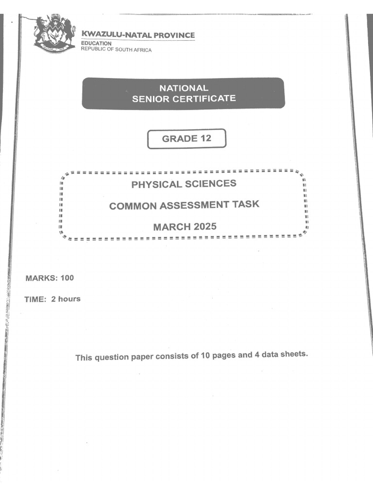Physical Sciences Common Assessment Task March 2025 KZN | PDF