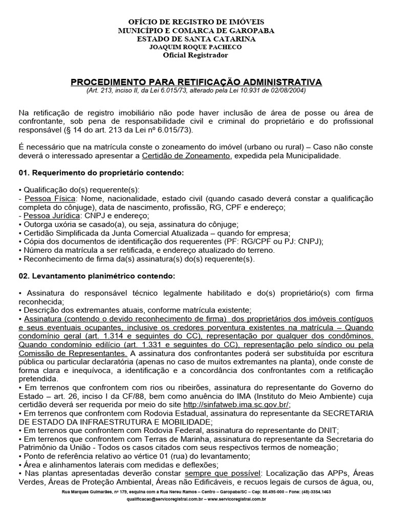 Retificação de Registro Imobiliário em SC | PDF