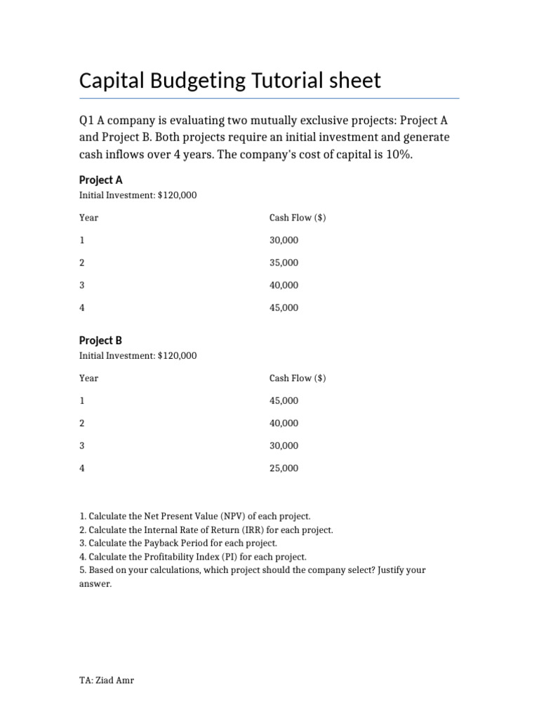 capital budgeting tutorial sheet | PDF | Internal Rate Of Return | Net ...