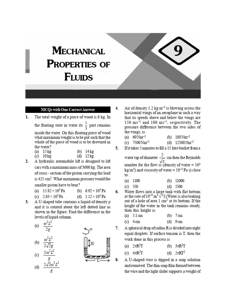 MCQs on Mechanical Properties of Fluids | PDF | Liquids | Pressure