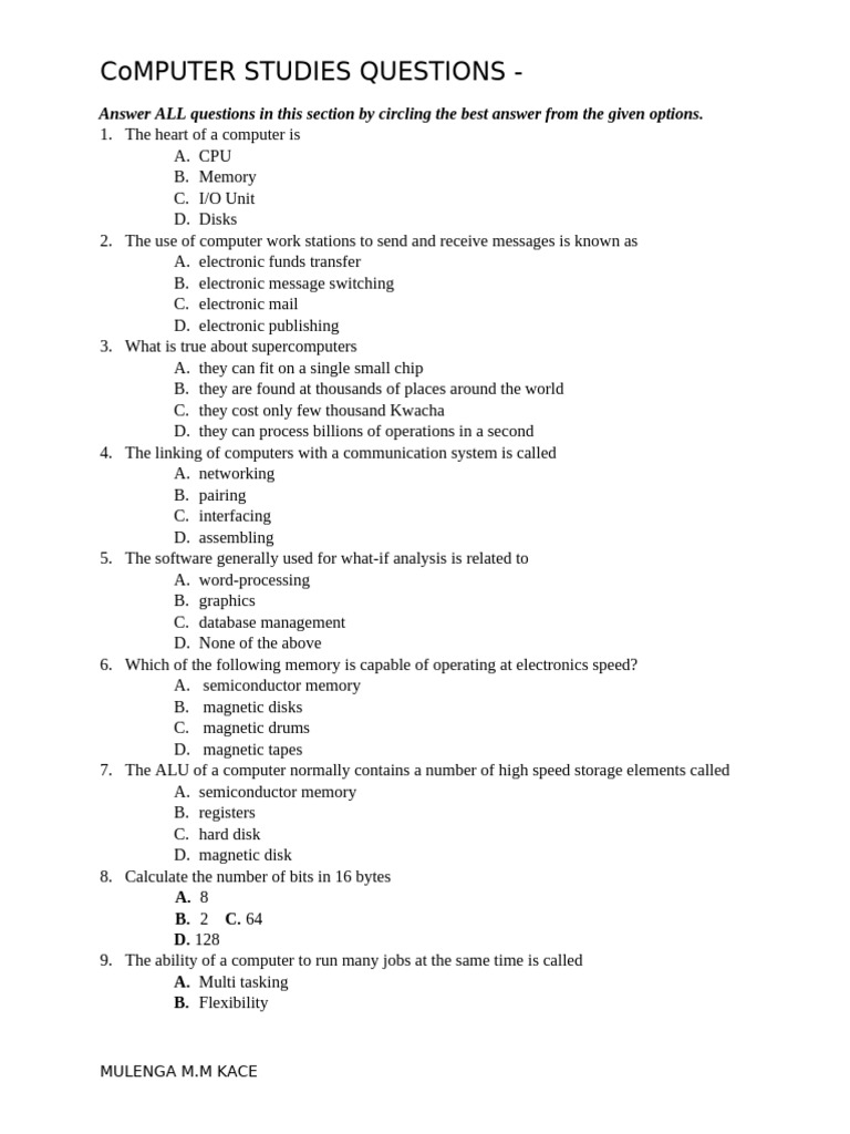 Computer Studies Multiple Choice Questions | PDF | Computer Data ...