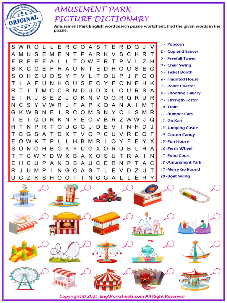 Amusement Park English Word Search Puzzle Worksheet Find The Given ...