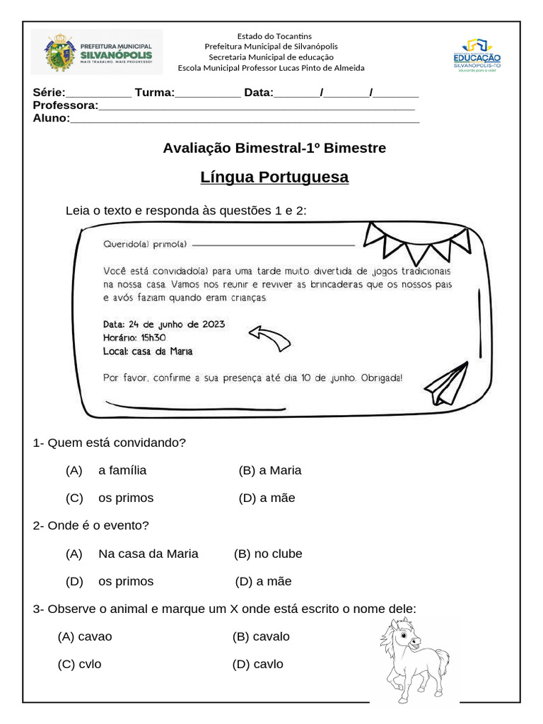 Avaliação Bimestral 1º Bimestre Educação | PDF