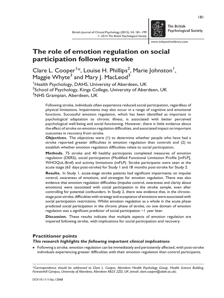 Cooper Et Al The Role of Emotion Regulation On Social Participation ...