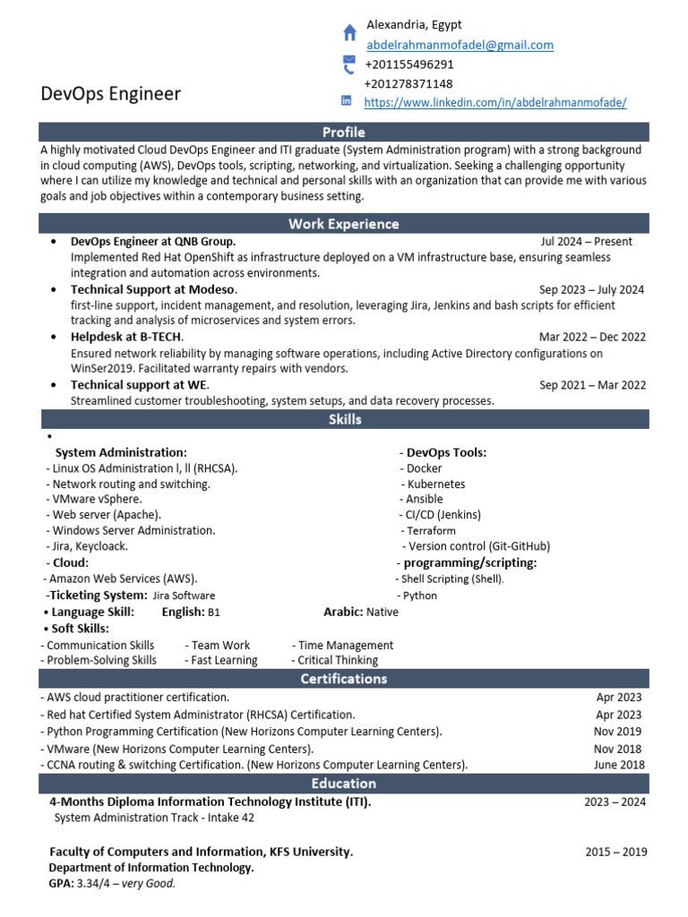 DevOps Engineer Resume - Abdelrahman Mofadel | PDF | Cloud Computing ...