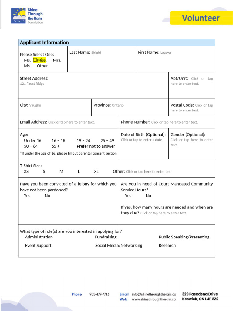 Volunteer Application Form | PDF | Legal Guardian