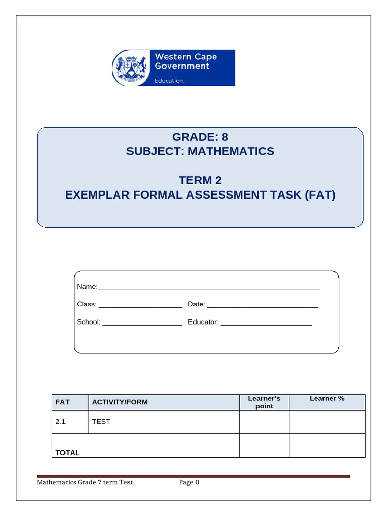 Grade 8 Term 2 Mathematics Test | PDF | Mathematics | Algebra