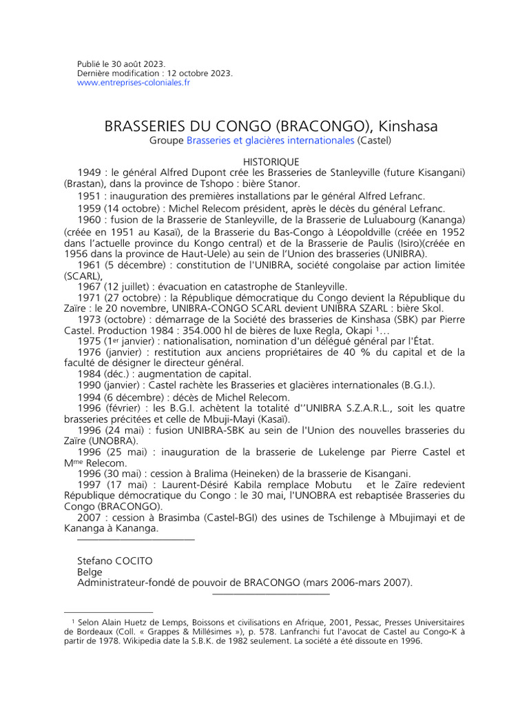 Historique des Brasseries du Congo | PDF | République démocratique du Congo
