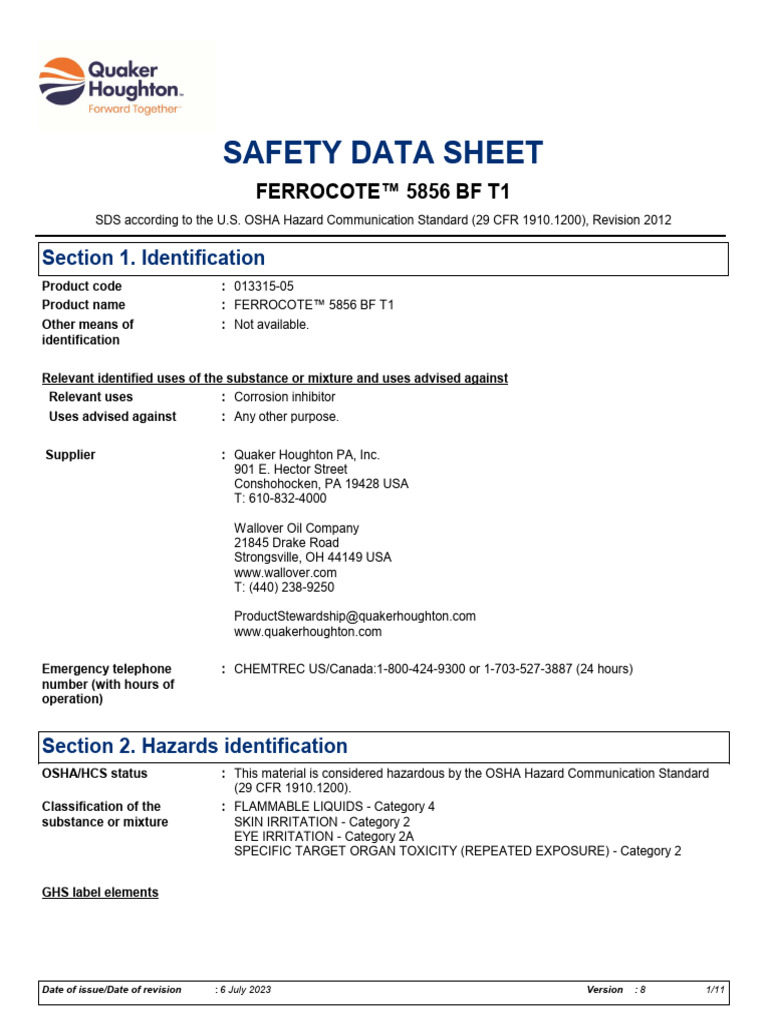 Ferrocote™ 5856 BF T1 Safety Data Sheet | PDF | Occupational Safety And ...