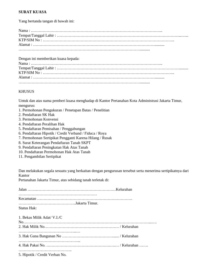 Contoh Surat Kuasa Pengurusan Sertifikat Tanah | PDF