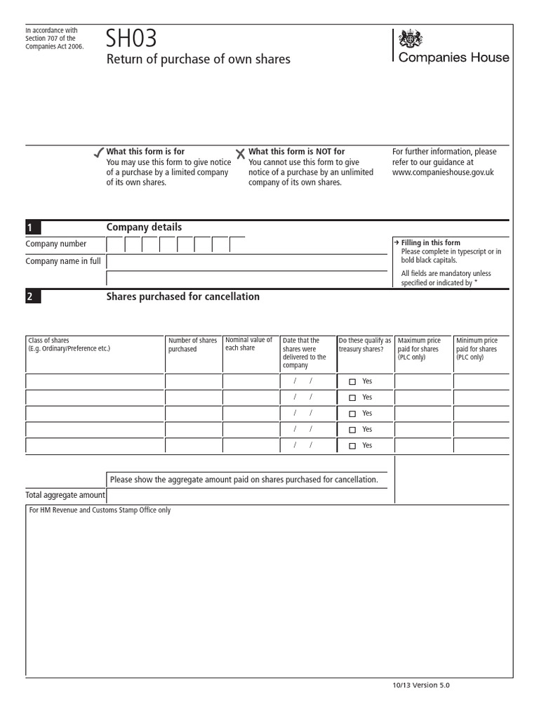 SH03 Form: Purchase of Own Shares | PDF | Taxes | Government Finances