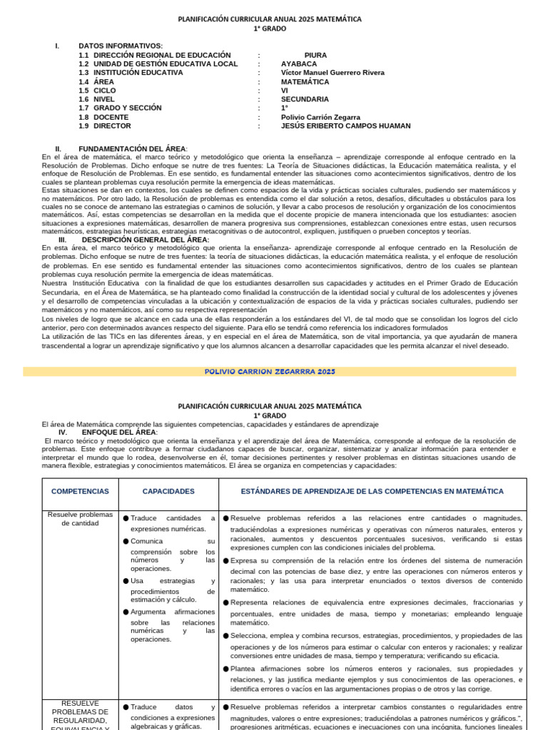 Planificación Anual Matemática 2025 1° Grado | PDF | Geometría | Ecuaciones