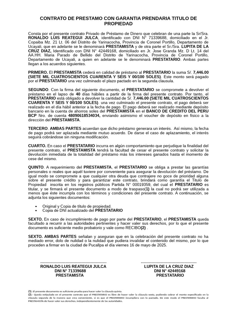 Contrato de Prestamo Con Garantia Prendaria La Propiedad | PDF ...