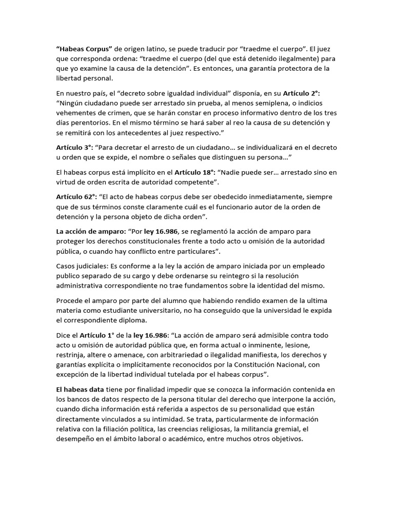 "Habeas Corpus y Acción de Amparo" | PDF | Habeas corpus | Justicia