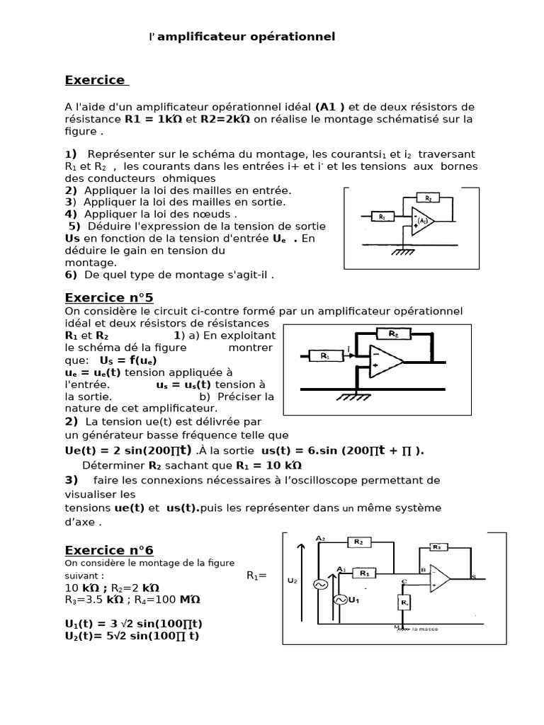 Amplificateur opérationnel : exercices pratiques | PDF