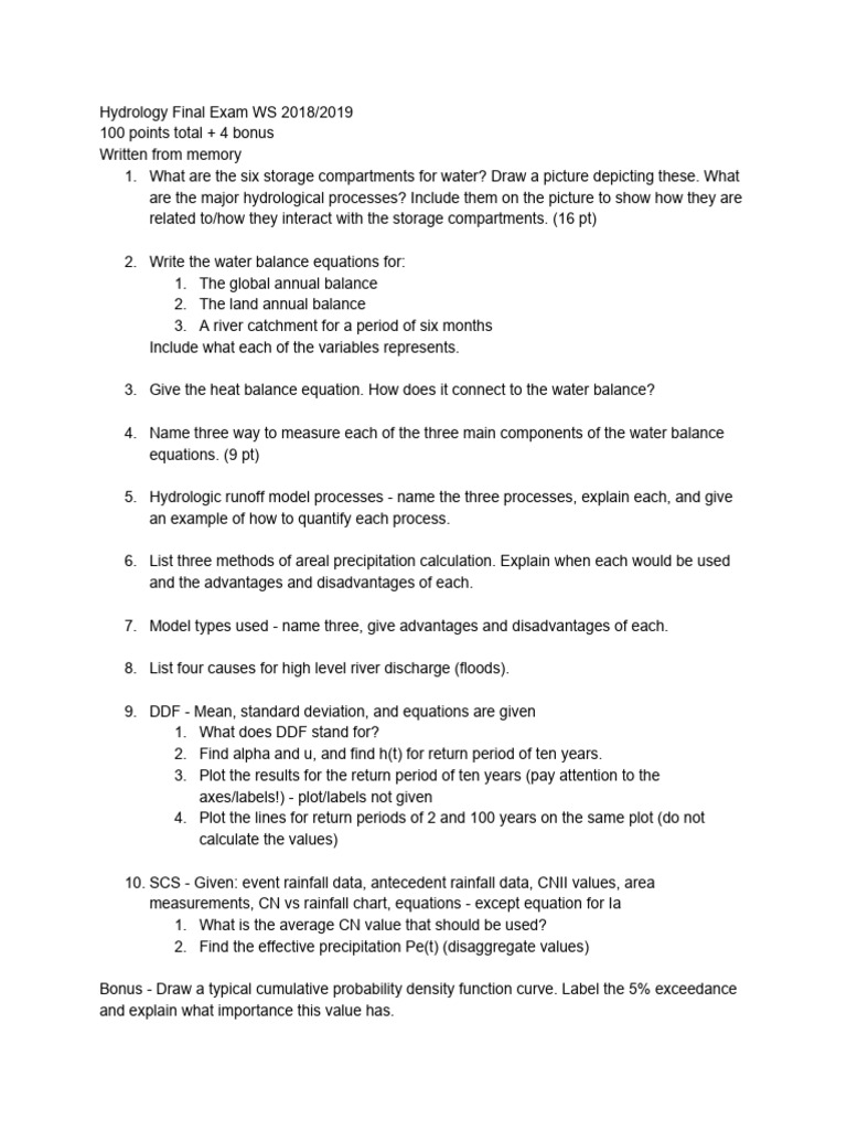 Hydrology Exam Review: Key Concepts & Equations | PDF