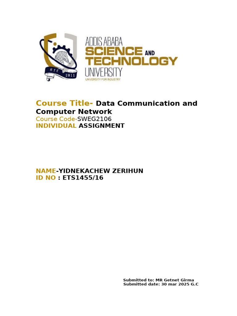 Yidnekachew Zerihun DCCN Assignment | PDF | Computer Network | Error ...