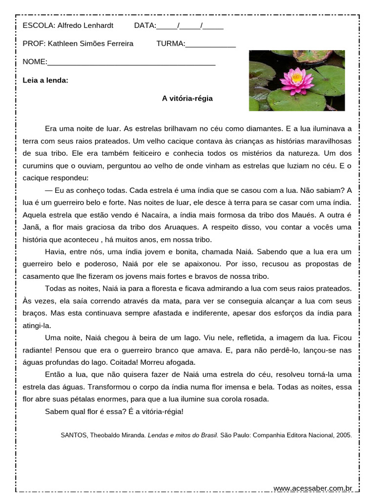 Lenda da Vitória-Régia: História e Significado | PDF | Céu | Lua