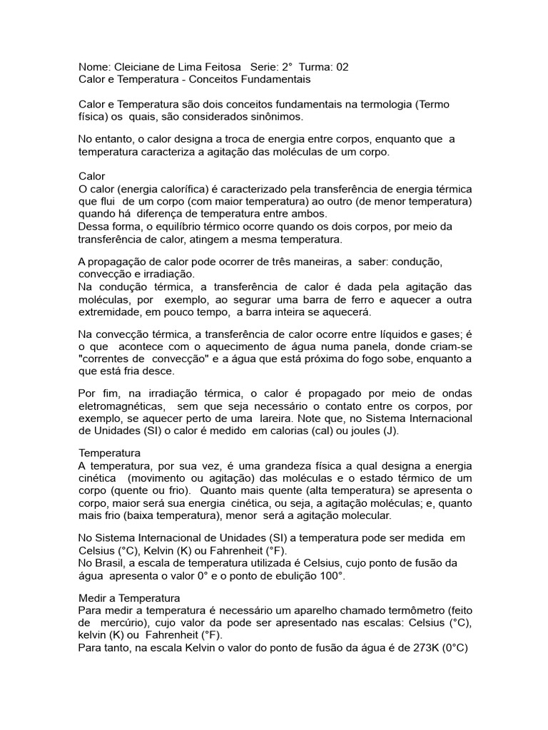 Calor e Temperatura: Conceitos Básicos | PDF | Temperatura | Calor