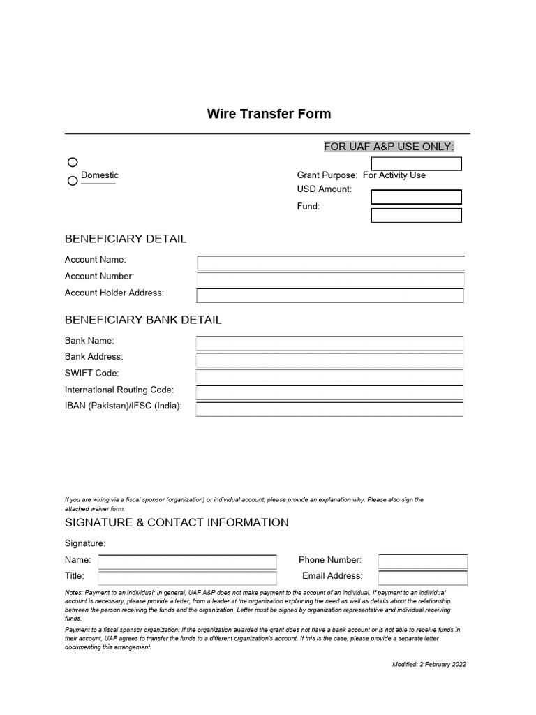 UAF Wire Transfer Request Form | PDF